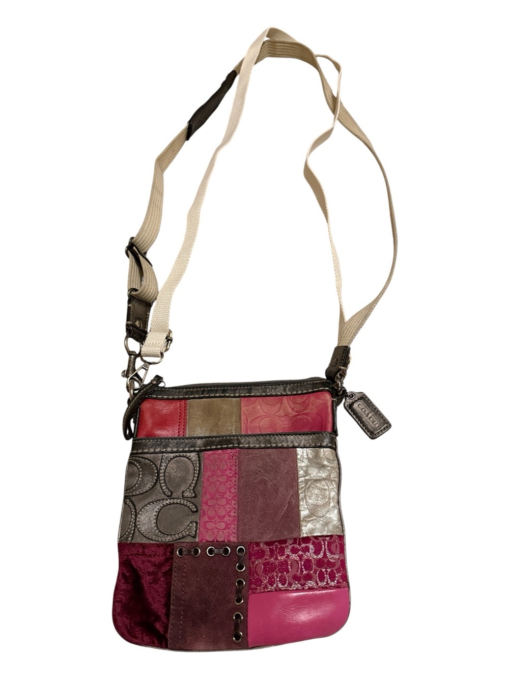 Coach Pink/Maroon/red Patchwork Swingpack messenger bag patchwork, leather/suede